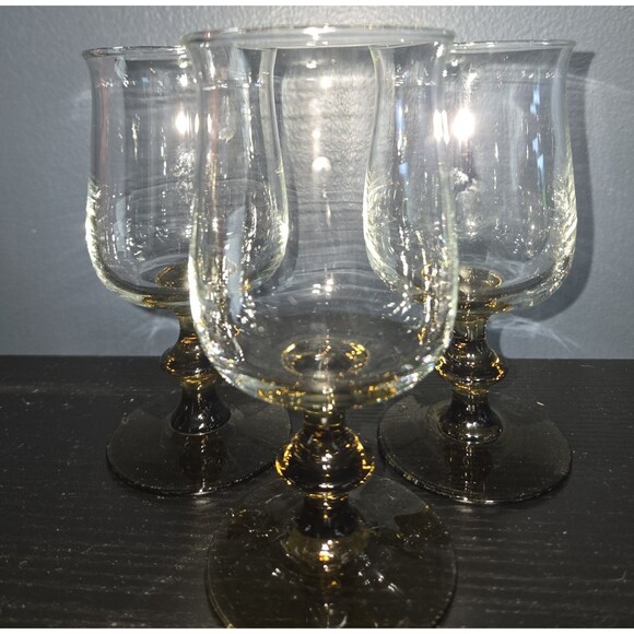 Vintage Libbey Tulip Glasses Goblets Clear Brown Stem Retro Set Of 3 - Picture 1 of 8